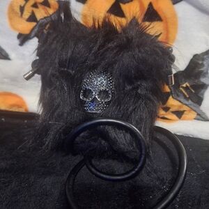 Black Furry Bag with Skull Design
